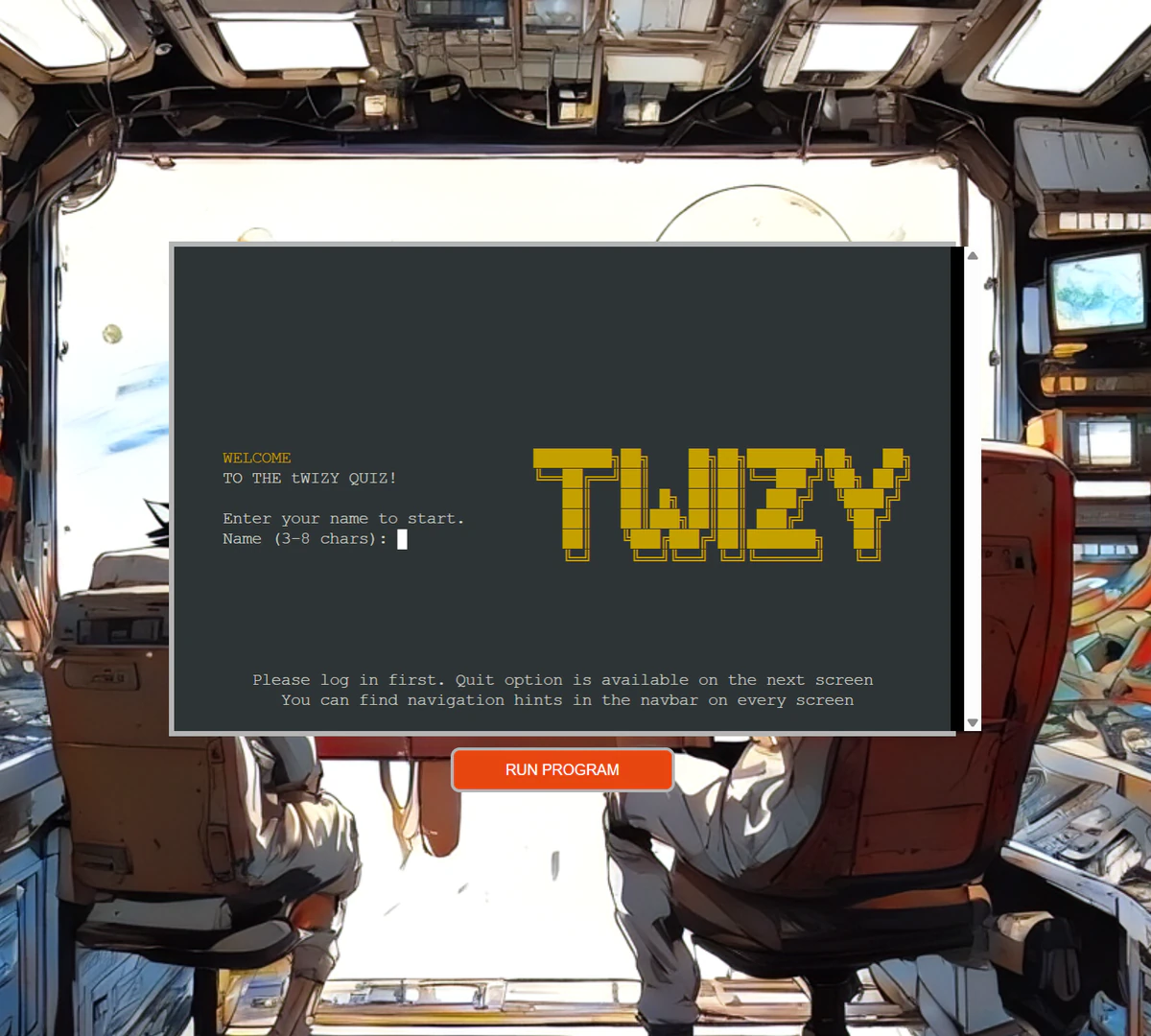 TWIZY welcome screen with a yellow ASCII logo against a spacecraft interior backdrop