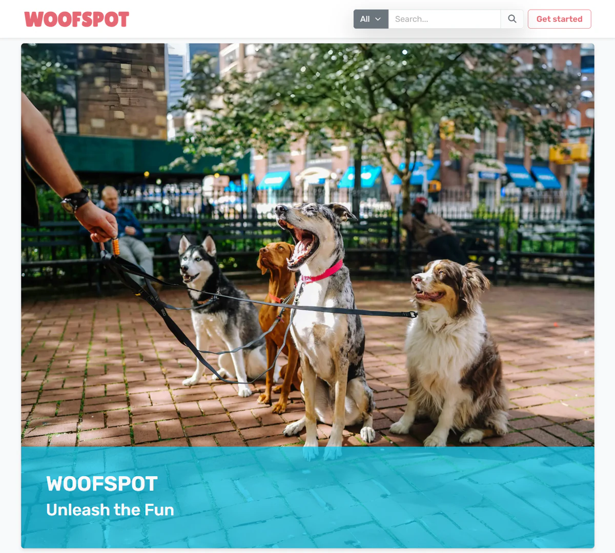 WOOFSPOT homepage featuring dogs on leashes in a park and bright turquoise accents